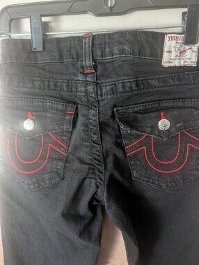 True Religion Boys Geno Relaxed Slim Jeans Black Red Stitch Size 12